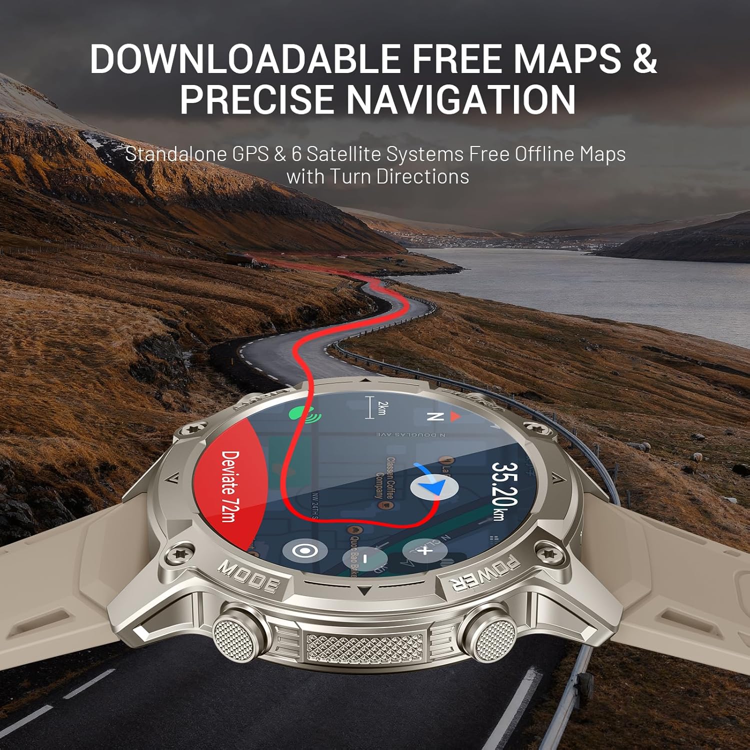 Men's Outdoor Smartwatch, Standalone GPS & Offline Maps, 5ATM Waterproof, 1.43" AMOLED, 4GB Memory, 178 Sports Modes, Compass, Heart Rate/SpO2/Stress/Sleep Monitor, Compatible Android and iOS Khaki - Image 2