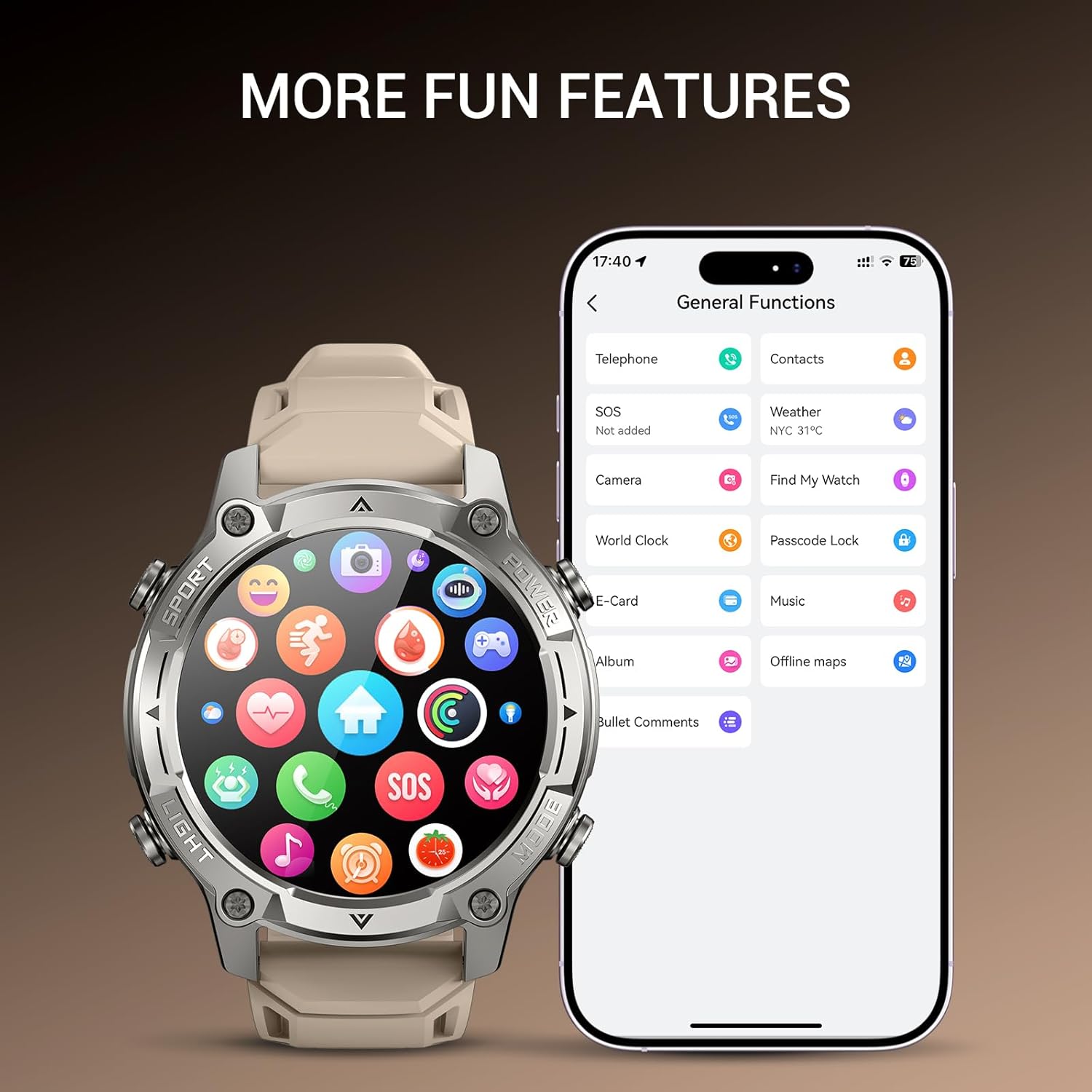 Men's Outdoor Smartwatch, Standalone GPS & Offline Maps, 5ATM Waterproof, 1.43" AMOLED, 4GB Memory, 178 Sports Modes, Compass, Heart Rate/SpO2/Stress/Sleep Monitor, Compatible Android and iOS Khaki - Image 9